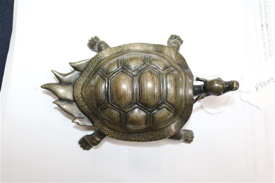 A Chinese silver wire inlaid bronze figure of a turtle L.15cm
